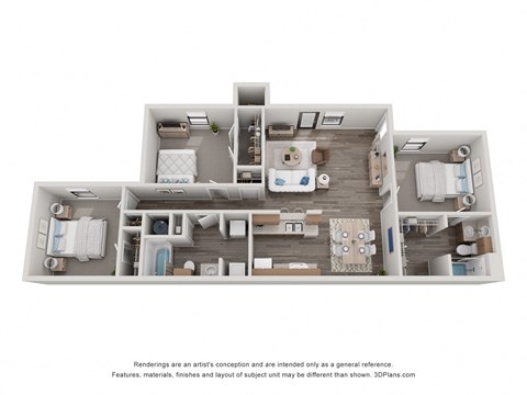 a stylized 3d floor plan of a 3 bedroom apartment at Chapel Ridge of Stillwater, Stillwater, Oklahoma